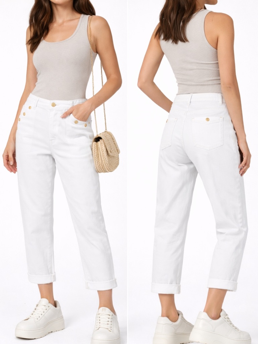NWT $78 Democracy Ab Solution High Rise Button Patch Pocket Crop Jeans White